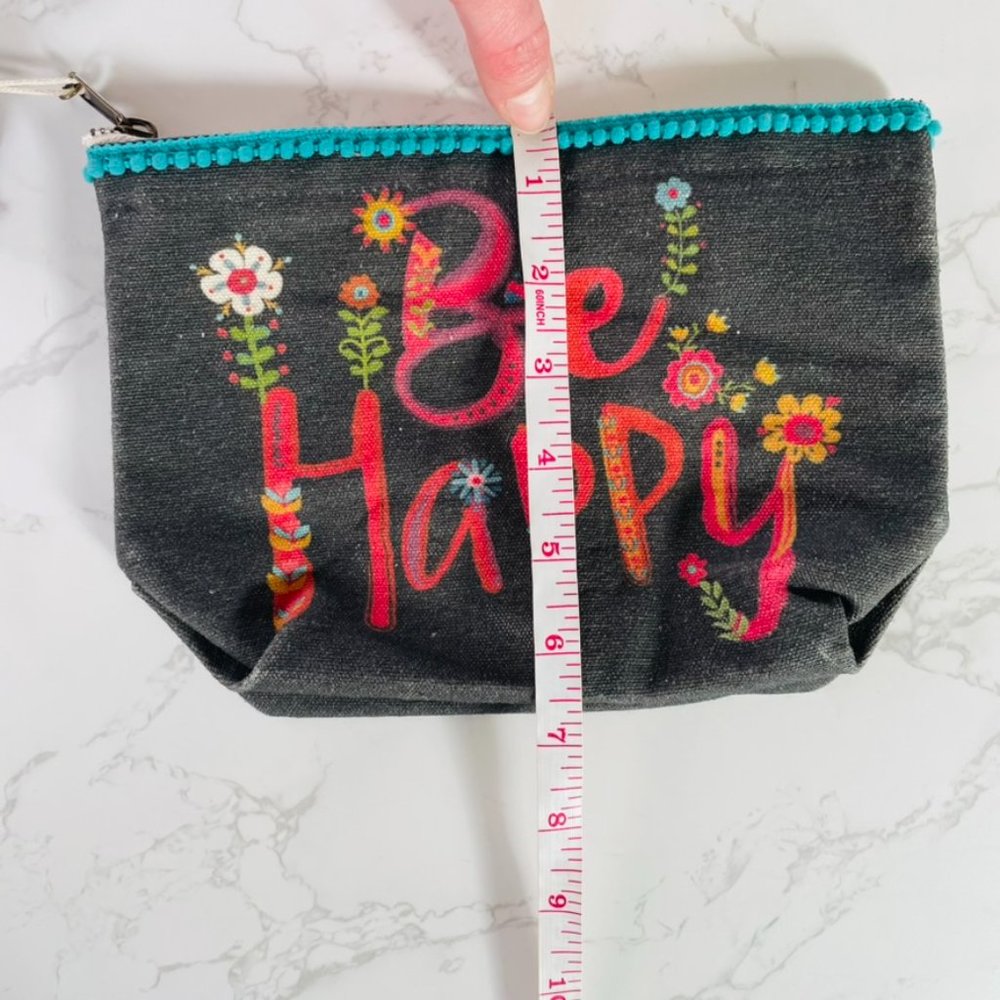 Natural Life Boho 'Be Happy' Pom Pom Floral Canvas Zipper Cosmetic Pouch Bag - Picture 6 of 6